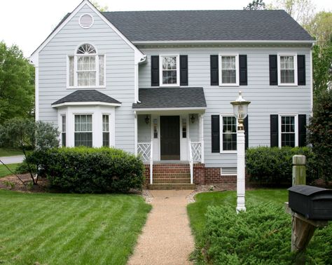 Light Blue Vinyl Siding, Grey House Black Shutters, Light Blue Siding, Blue Grey Exterior House Colors, Light Blue House Exterior, Blue Siding House, Replacing Vinyl Siding, Blue Vinyl Siding, Grey Vinyl Siding