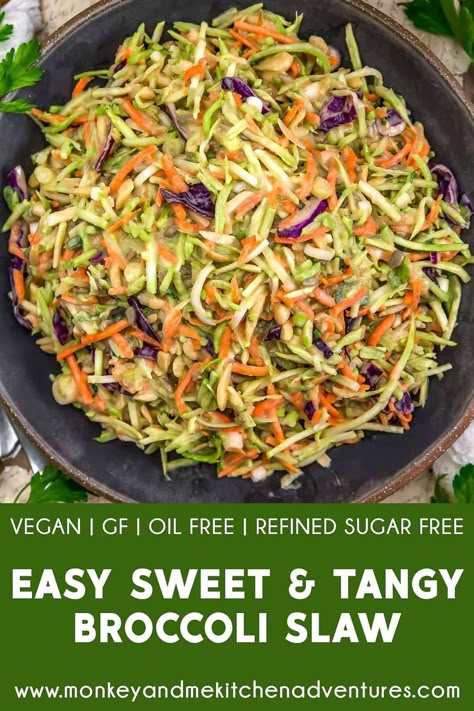 Wholesome and refreshing, this Easy Sweet and Tangy Broccoli Slaw boasts crisp veggies, creamy dressing, and lip-smacking flavors. #wholefoodplantbased #vegan #oilfree #glutenfree #plantbased | monkeyandmekitchenadventures.com Broccoli Slaw Dressing, Asian Broccoli Slaw, Healthy Broccoli Slaw, Wfpb Salad, Broccoli Slaw Salad, Broccoli Slaw Recipes, Packaged Salad, Slaw Dressing, Vegan Oil Free