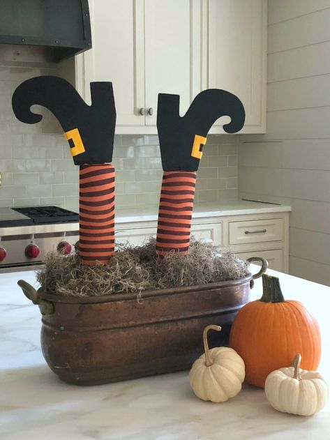 Halloween Witch Legs, Dollar Tree Halloween Decor, Balcony Door, Moldes Halloween, Dollar Tree Halloween, Casa Halloween, Halloween Witch Decorations, Witch Legs, Dollar Store Halloween