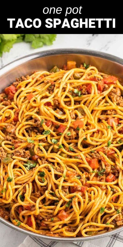 This easy Taco Spaghetti is a mouth-watering one-pot meal that’s both Tex-Mex and Italian-inspired. It’s a delicious and hearty 30-minute dish you can make without having to mess up every pot in the kitchen. Taco Spaghetti To Die For, Spaghetti Ground Beef, Spaghetti Taco, Stove Recipes, Salsa Homemade, Amazing Easy Recipes, Crockpot Ground Beef, Crockpot Chicken Spaghetti, Spaghetti With Ground Beef