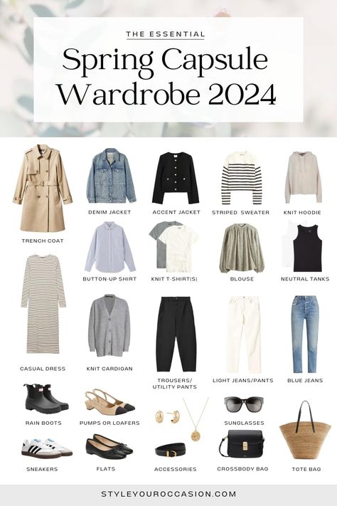 Looking for the perfect spring capsule wardrobe 2023? This timeless, classy, neutral spring capsule has spring outfits for women in their 20s, 30’s, 40s, and over 50! If you are a mom and want casual yet stylish outfits, or are looking to create chic spring outfits for work, you’ll find this capsule guide and checklist super helpful! With a polished French inspired appeal, this capsule is perfect for the spring season! Capsule Wardrobe Checklist, Capsule Wardrobe Casual, Capsule Wardrobe Women, Spring Summer Capsule Wardrobe, Fashion Capsule Wardrobe, Spring Work Outfits, Spring Capsule, Spring Capsule Wardrobe, Summer Capsule Wardrobe