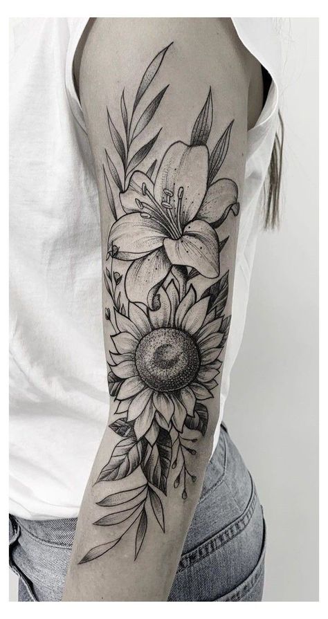 Tattoo Fairy, Lillies Tattoo, Lily Tattoo Design, Sunflower Tattoo Sleeve, Lily Flower Tattoos, Flower Thigh Tattoos, Hibiscus Tattoo, Forearm Sleeve Tattoos, Floral Tattoo Sleeve