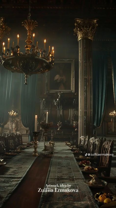 Fantasy Mansion Interior Art, Great Hall Castle, Medieval Ball Aesthetic, Dark Fantasy Castle Interior, Royal Castle Interior, Medieval Throne Room, Fantasy Castle Interior, Medieval Dining Room, Castle Interior Medieval