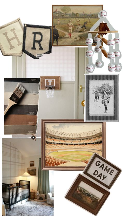 Horse And Jockey Nursery, Boys Playroom Paint Ideas, Retro Sports Nursery, Vintage Sports Nursery Baby Boy, Gender Neutral Vintage Nursery, All American Nursery, Vintage Baseball Room, Sport Nursery, Vintage Baseball Nursery