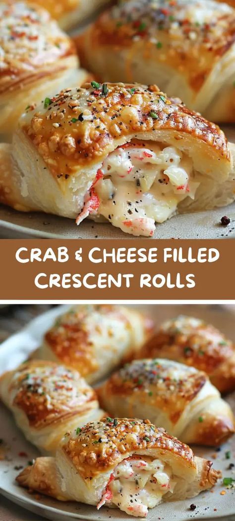 Crab & Cheese Filled Crescent Rolls Thanksgiving Crab Recipes, Party Food Crescent Rolls, Holiday Appetizers Cresent Rolls, Crab In Crescent Rolls, Crab Filling Recipe, Venison Stuffed Crescent Rolls, Pilsbury Cresent Roll Appetizers, Crab Crescent Rolls Appetizers, Crab Meat Lunch Ideas