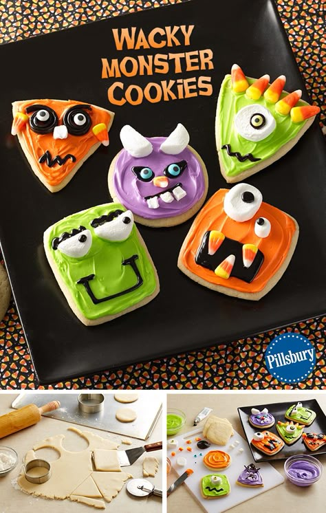 A fun Halloween activity for the whole family! Decorate these Wacky Monster Cookies by combining sweetness and silliness. This recipe is easy to make with your kids. You could even make these treats for a cute and creepy party food too! 17. Geburtstag, Postres Halloween, Halloween Activity, Halloween Goodies, Cookies Decorated, Halloween Snacks, Halloween Desserts, Theme Halloween, Monster Party