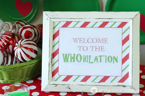 Grinch party printables, decorations and food ideas | spotofteadesigns.com Whobilation Party, A Grinch Christmas, Christmas Party Ideas For Teens, Ward Christmas Party, Holiday Party Ideas, Adult Christmas Party, Grinch Christmas Party, Whoville Christmas, Grinch Christmas Tree