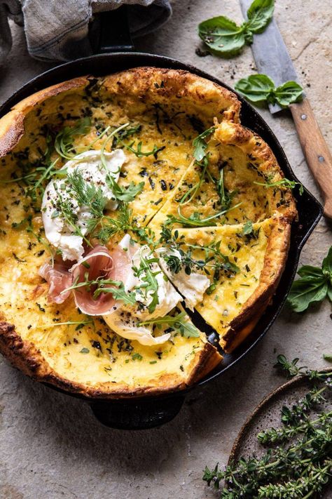 Savory Herb Butter Dutch Baby | halfbakedharvest.com #brunch #breakfast #dutchbaby #spring #summer Savory Dutch Baby, Breakfast Savory, Dutch Babies, Dutch Baby Recipe, Burrata Cheese, Savory Herb, Baby Arugula, Half Baked, Dutch Baby