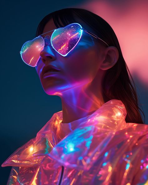 I wear my sunglasses at night ✨😎 Tonight, I bring you: matching sunglasses for my bioluminescent AI fashion collection 💖💖 Woop woop! These glasses are perfect to wear at night and to all your favorite festivals 🤩 You’ll be shining like no other! Rave on 😍 Which one is your favorite? I love the 💖 shaped ones!! Gimme gimme gimme 🛍️ Enjoy 😘 Marloes Disclaimer: This is AI > nothing is real / not for sale #sprinkleofai #aifashion #bioluminescent #bioluminescence #iridescent #holographic #s... Neon Gods, Matching Sunglasses, Sunglasses At Night, Glowing Glasses, Nothing Is Real, Rave Glasses, Neon Sunglasses, Colored Glasses, Pink Chrome