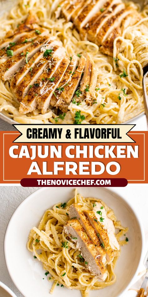 Topped with juicy, spicy chicken, this cajun chicken alfredo in a creamy homemade sauce is the perfect weeknight dinner. On the plate in 30-minutes, what more could you ask for? It's full of pantry staples for the easiest meal ever. Cajun Chicken Alfredo Pasta, Pasta Alfredo Con Pollo, Pasta Cajun, Cajun Chicken Alfredo, Creamy Alfredo Sauce, Pastas Recipes, Pasta Recipes Alfredo, Pasta Alfredo, Chicken Alfredo Recipes