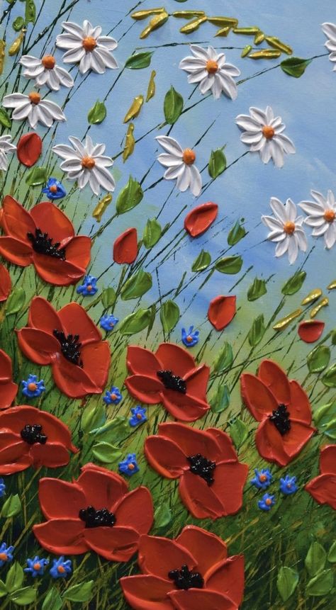 Painting Poppies Acrylic, Poppy Painting Acrylic, Acrylic Poppy Painting, Daisy Paintings, Poppy Paintings, Sakura Painting, Poppy Flower Painting, Wildflowers Painting, Poppies Painting