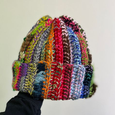 made to order scraps beanie one of a kind no two beanies are alike as theyre made from difff pieces of yarn Headwear Fashion, Crochet Knit Hat, Handmade Hat, Crochet Beanie, Knitting Accessories, Loom Knitting, Fabric Jewelry, Cute Crochet, Diy Crochet