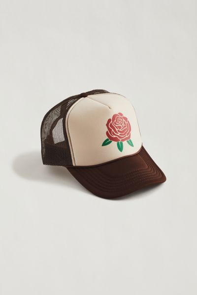 Rose Trucker Hat | Urban Outfitters Desain Merek, Urban Outfitters Summer, T-shirt Photography, Vintage Trucker Hats, Brown Fits, Rose Icon, Vintage Cap, Man Hat, Mesh Cap