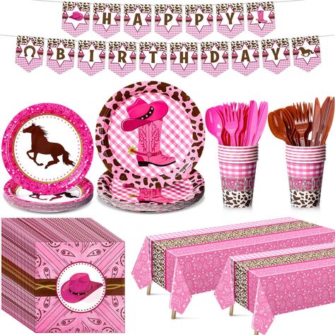 PRICES MAY VARY. Sufficient to Use: this set contains a total of 171 western cowgirl theme birthday party supplies, including 24 paper 9 inch plates, 24 paper 7 inch plates, 24 paper napkins, measuring about 6.5 x 6.5 inches when folded, 24 paper cups with a capacity of 9 oz, 24 plastic forks, 24 plastic knives, 24 plastic spoons, 1 happy birthday banner, and 2 tablecloths that measure about 51 x 108 inches, a rich combination to meet your party use and replacement Western Cowgirl Theme Design: Cowgirl Birthday Party Decorations, Disco Theme Parties, Cowgirl Party Decorations, Birthday Concept, Horse Racing Party, Table Cloth Decorations, Cowgirl Birthday Party, Paisley Bandana, Birthday Plate