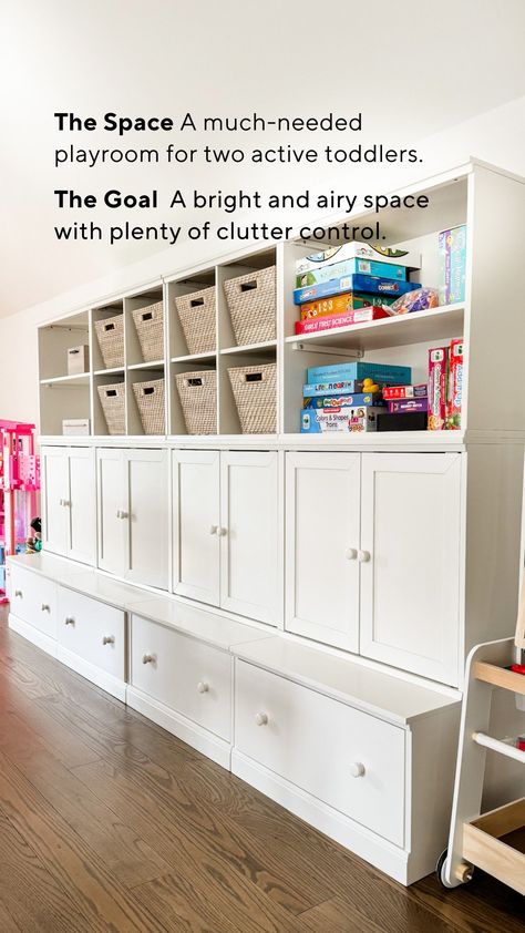 To design a shared kids’ playroom for her daughters, Loverly Grey CEO Brittany Sjogren turned to Pottery Barn Kids. She wanted a space with customizable storage & lots of ways to stay organized, making the Cameron Wall System fit the bill perfectly. She also chose multiple kids’ furniture pieces from the Penny Collection for everything from bookshelves to an extra-wide dresser to a charming play kitchen. Each of her girls was given a personalized Anywhere Chair for a cozy place to read & relax. Playroom Storage Idea, Playroom Desk And Storage, Built In Shelves Playroom Toy Storage, Cabinets For Playroom, Floor To Ceiling Playroom Storage, Ikea Built In Hack Playroom, Playroom With Storage, Girls Playroom Organization, Built In Cabinets Playroom