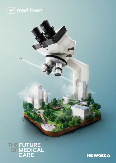 microscope specimen in the shape of a miniature medical theme park with clinical buildings and greenery, clouds, plane, water, soil. Creative Medical Advertising, Art Direction Graphic Design, Creative Graphic Design Ads, Creative Art Direction, Art Direction Inspiration, Hospital Ads Creative, 2023 Creative Ads, Hospital Design Ideas, Medical Posters Creative