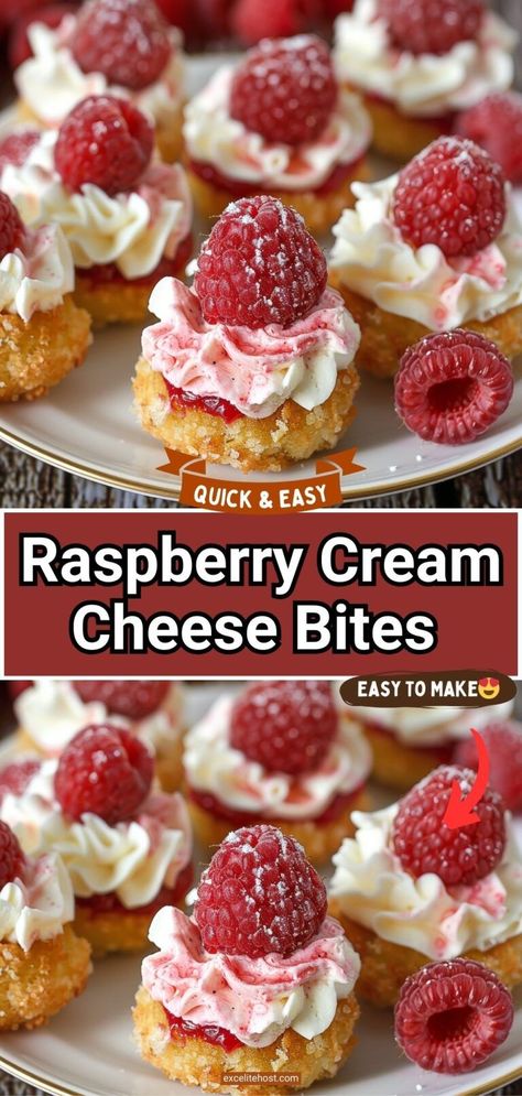 Raspberry Cream Cheese Bites are stuffed with a cheesecake filling, along with a homemade raspberry sauce, using fresh raspberries. Cream Cheese Filling For Pastry, No Bake Cream Cheese Filling, Cream Cheese Bites, Cream Puff Filling, Fruit Sweets, Raspberry Cream Cheese, Fast Dessert Recipes, Fast Desserts, Raspberry Cream