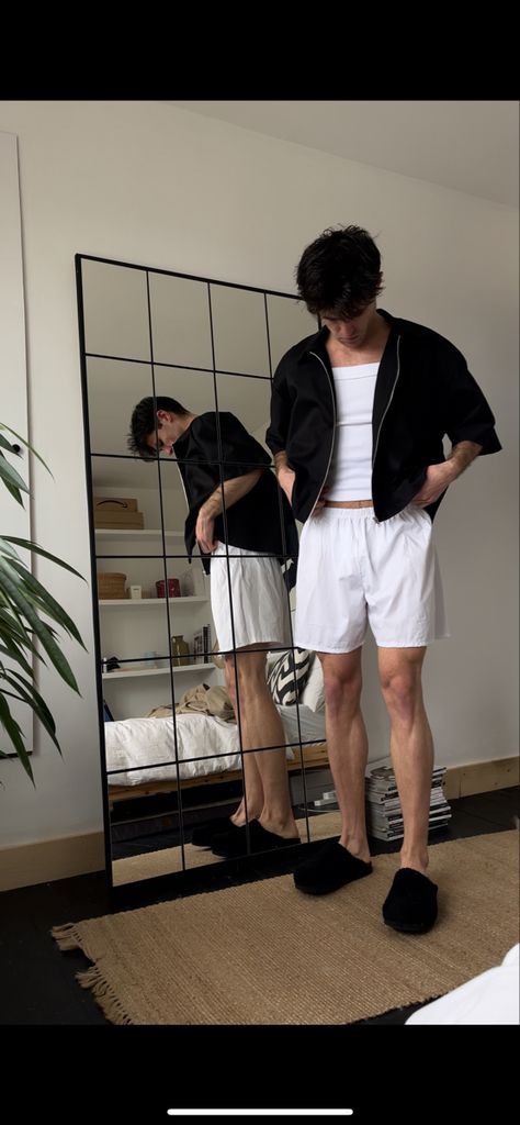 simple minimalistic menswear outfits are the best. black shirt with zip. comfortable cotton boxer shorts. white tank top. warm slippers. And ready for a zoom meeting. modern minimalistic menswear fashion look ootd grwm Simple Black Outfits, Boxer Shorts Outfit, Menswear Outfits, Black Outfit Men, Boxer Pants, Cotton Boxer Shorts, Mens Shorts Outfits, Zoom Meeting, Warm Slippers