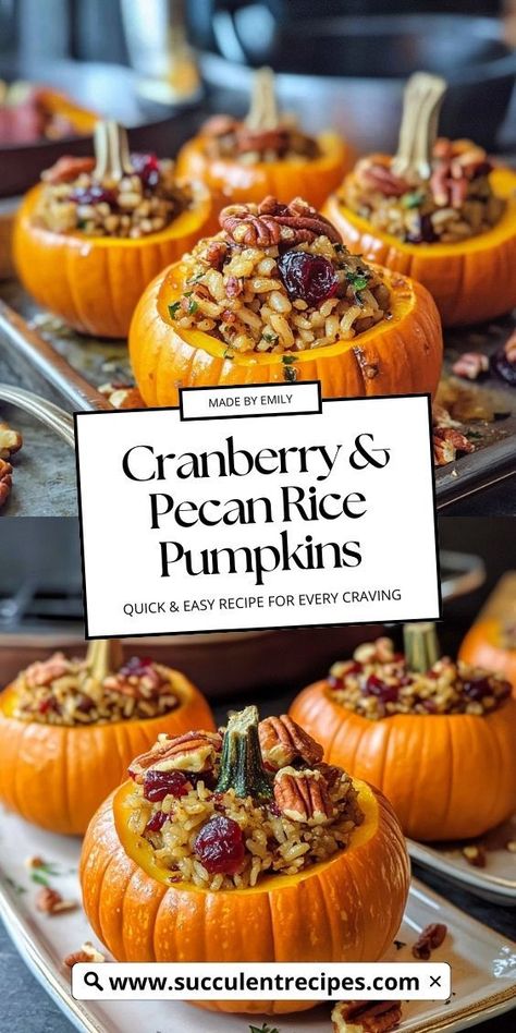 These Festive Stuffed Mini Pumpkins With Cranberry & Pecan Rice are a beautiful and delicious way to celebrate the fall season! Sweet mini pumpkins are filled with a savory-sweet rice mixture, featuring cranberries and crunchy pecans, perfect as a side dish or a stunning centerpiece for holiday dinners. Stuffed Mini Pumpkins, Pecan Rice, Roasted Pumpkin Recipes, Creamy Pumpkin Soup, Pumpkin Vegetable, Rice Stuffing, Pumpkin Dishes, Sweet Rice, Pumpkin Cranberry