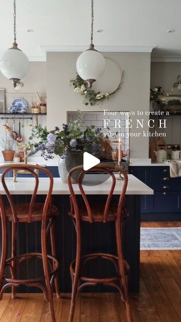 Elle Hervin on Instagram: "Four ways to create a French-inspired vibe in your kitchen... . 1. A traditional glass display cabinet - displaying lovely old china tableware 2. Brass hardware, shelf brackets and wall lights - aged brass looks more French-country vintage than polished 3. Rustic storage jars and vintage copper pots 4. Bistro bar stools - forever my absolute obsession and makes me think of a traditional French brasserie every time I see them. . Disclaimer: (Because someone once very 'helpfully' pointed out that my kitchen isn't French). I use the term 'French-inspired' because I have taken elements of French kitchens and restaurants that I love and have used them in my own English kitchen. . . . . #frenchcountrykitchen #countrykitchen #kitchendecor" Bistro Bar Stools, French Bistro Kitchen, French Brasserie, French Kitchens, Vintage Copper Pots, Bistro Kitchen, Glass Display Cabinet, English Kitchen, English Kitchens