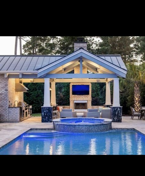 Pool And Cabana Ideas, Pool Pavilion With Fireplace, Pool House Pavilion, Myers House, Stone Pool Deck, Small Pool Houses, Pool With Pool House, Pool House Cabana, Pool House Shed