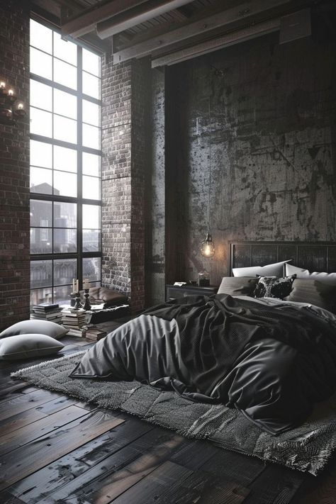 Urban Loft Apartment, Modern Industrial Bedroom, Bedroom Inspiration Grey, Dark And Moody Bedroom, Industrial Bedroom Design, Black Bedroom Decor, Masculine Bedroom, Moody Bedroom, Industrial Bedroom