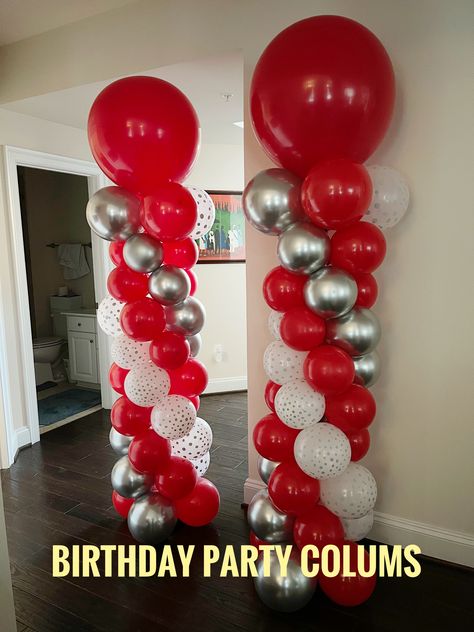 Red White And Silver Birthday Decor, Silver White Party Decor, Red And White Birthday Party Decorations, White Party Decor, Ballon Ideas, Balloon Gate, Harlem Nights Theme, Balloon Pillars, Silver Decorations