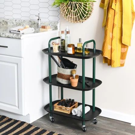 Ebern Designs Smolan Bar Cart | Wayfair Green Bar Cart, Unique Bar Cart, Home Bar Setup, Wood Bar Cart, Modern Bar Cart, Metal Bar Cart, Green Bar, Globe Decor, Rolling Cart