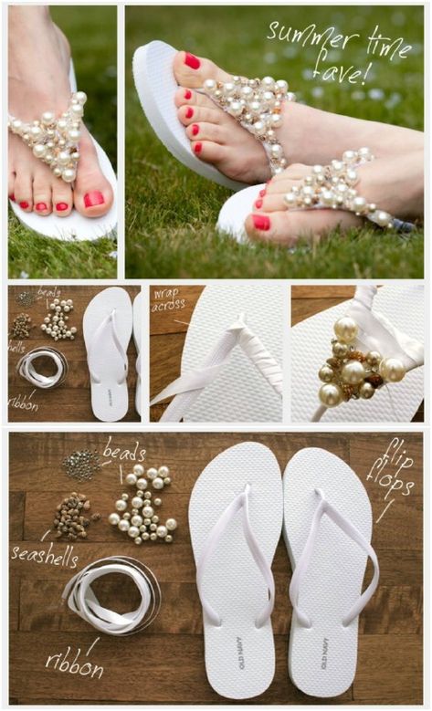 Easy DIY Beaded Flip Flops Pretty Flip Flops, Bridal Flip Flops, Beaded Flip Flops, Decorating Flip Flops, Beach Wedding Sandals, Diy Sandals, Diy Slippers, Beaded Shoes, Diy Clothes And Shoes