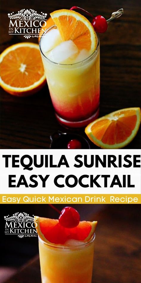 Tequila Sunrise is a sweet and refreshing cocktail made with orange juice and Tequila. It is really easy to make, and in a matter of minutes, you will be enjoying this classic and colorful beverage! Tequila Sunrise Drink, How To Make Tequila, Tequila Sunrise Recipe, Mexico In My Kitchen, Mexican Drink Recipes, Mexican Cocktail, Tequila Sunrise Cocktail, Mexican Cocktails, Sunrise Cocktail