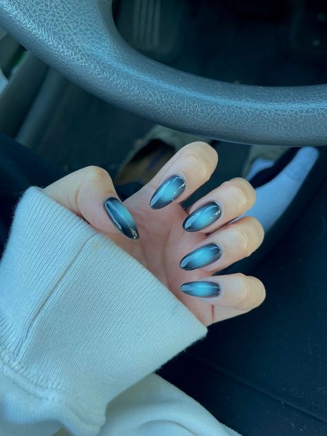 Black And Gray Aura Nails, Blue Nails Airbrush, Funky Aura Nails, Blue Halo Nails, Metallic Aura Nails, Black Blue Aura Nails, Blue Aura Nails Acrylic, Grunge Aura Nails, Blue Green Aura Nails