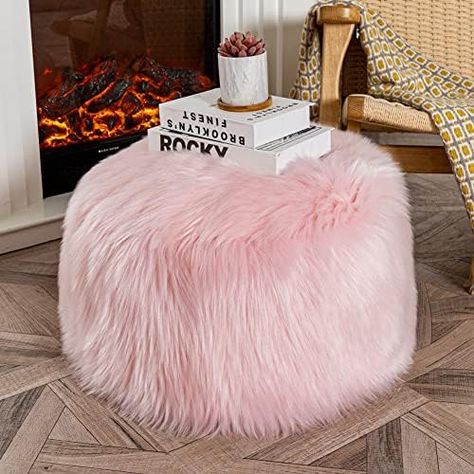 Asuprui Fur Pouf Ottoman Stool,Floor Bean Bag Chair(NO Filler),Ottoman Foot Rest,Unstuffed Ottoman Poof Covers,20x12 Inches Round Poof Seat, Foot Rest Storage for Living Room, Bedroom Pink Cover ONLY Ottoman Poof, Pink Dorm Room, Pink Dorm Room Decor, Pink Bean Bag, Pink Ottoman, Pink Dorm Rooms, College Bedroom Apartment, Storage For Living Room, Pink Dorm