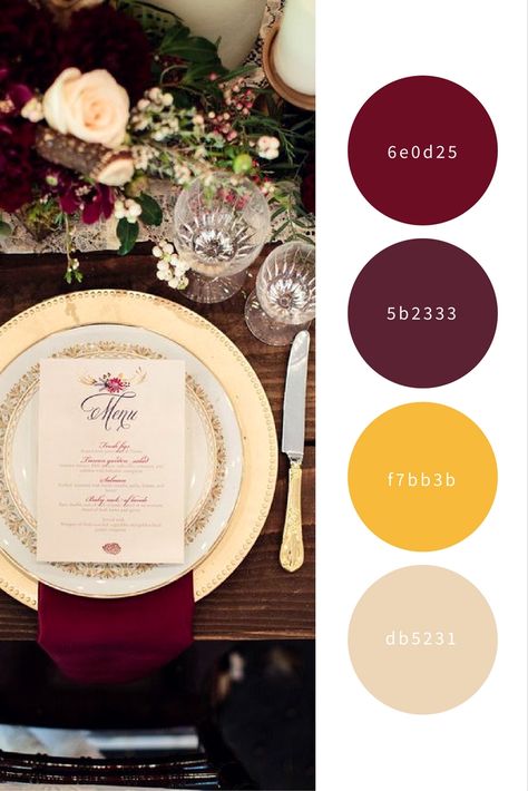 color scheme: burgundy, plum, gold, tan Burgundy Gold Color Palette, Sangria Wedding Colors, 2023 Colour Palette, Traditional Wedding Theme, Maroon Wedding Colors, Brown Bouquet, Paint Colors Palettes, Whimsical Winter Wedding, Sangria Wedding