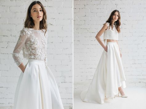 Build Your Very Own Wedding Dress!  17 Stylish Chic Bridal Separates! Diy Wedding Dress Patterns, Wedding Dress Separates, 2 Piece Wedding Dress, Two Piece Wedding Dress, Bridal Skirts, Diy Wedding Dress, Wedding Dress Patterns, Bridal Tops, Wedding Skirt