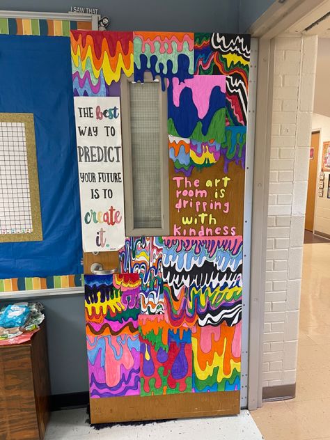 Door art class school room decor Jen Stark Drip Colorful Trippy Art Docent Ideas, Art Door Ideas, Art Teacher Door Decorations, Jen Stark Drip Art Lesson, Art Class Door Ideas, Art Room Door Decoration Ideas, Jen Stark Art Lesson, Art Door Decorations Classroom, Art Room Door Decoration