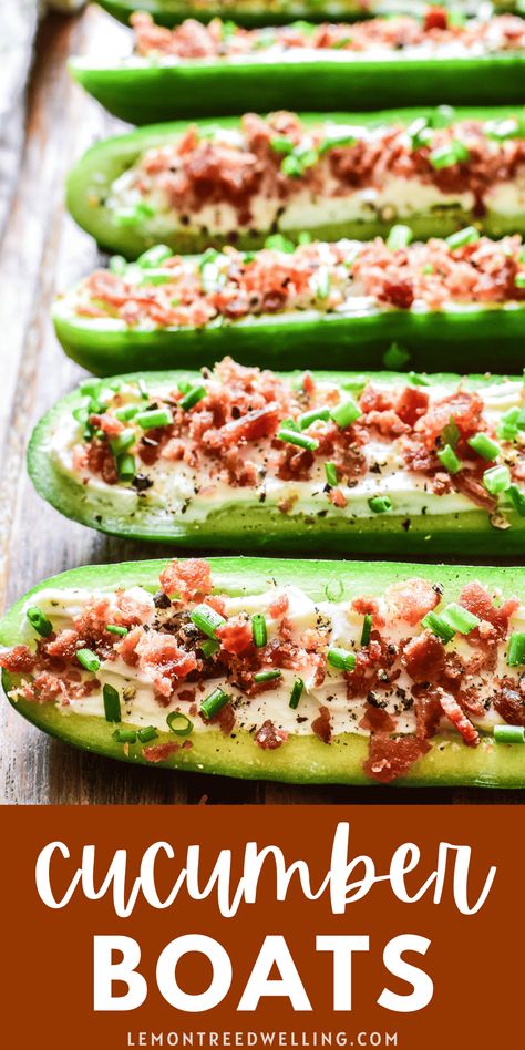 Stuff Cucumber Recipes, Cucumber Boats Stuffed Cucumbers, Low Carb Cucumber Sandwiches, Cucumber Bacon Bites, Stuffed Cucumber Boats, Appetizer With Cucumber, Cucumber Boats With Cream Cheese, Stuffed Cucumber Recipes, Recipes To Use Up Cucumbers