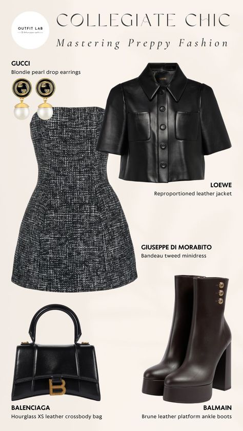 Giuseppe di Morabito's minidress pairs seamlessly with Loewe's leather jacket. Elevate the outfit with Gucci's earrings and a Balenciaga bag for a refined finishing touch. Complete the look with Balmain's boots. #PreppyClothing #PreppyWardrobe #PreppyOutfitInspo #PreppyFashion #PreppyLooks #PreppyIdeas #PreppyCollegeOutfits #PreppyFits Balmain Dress Outfit, Luxury Brands Outfits, Gucci Model, Successful Women Style, Balenciaga Outfit, Bougie Outfits, Preppy Chic Outfits, Preformance Outfits, Boujee Outfits