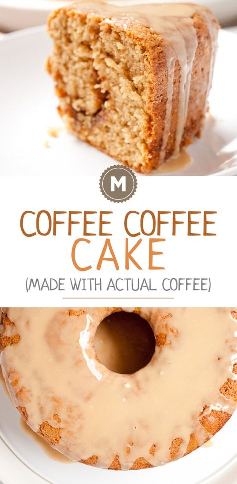 Coffee Coffee Cake: It has always been a bit confusing to me that most coffee cakes don't have coffee in them. This version not only is perfect with coffee, but is made with coffee for an extra flavor kick! Cake Mug, Coffee Ice, Coffee Cakes, Coffee Cake Recipes, Coffee Dessert, Coffee Coffee, Food Cakes, Coffee Flavor, Bundt Cake