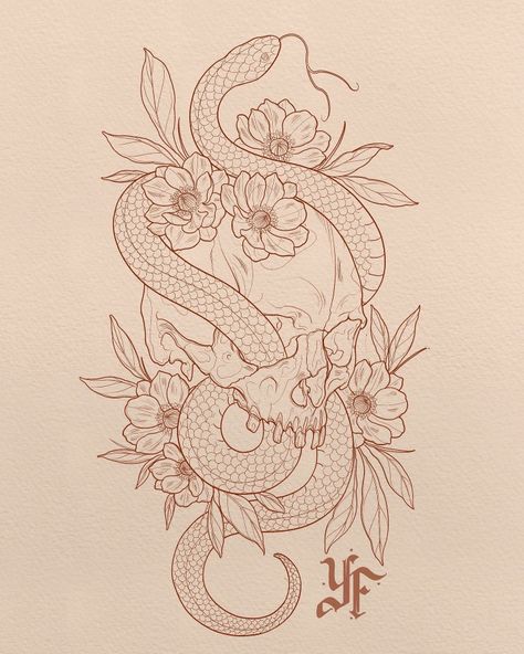 2 Headed Snake Drawing, Back Tattoo Designs Drawings, Snake And Mushroom Tattoo, Skull Snake Flower Tattoo, Brown Line Tattoo, Snake Flower Tattoo Design, Anaconda Tattoo, Snake Drawing Reference, Most Popular Tattoos For Women