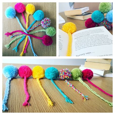 Pompom book marks, Soft, fluffy and eye catching. completed with a long yarn plait to perfectly save your page! These make a gorgeous and thoughtful gift for anybody that loves to read. Funky and eye catching these make a perfect teacher gift at the end of term or a treat for someone starting university! Pom Pom Ideas To Sell, Yarn Bookmarks Diy Easy, Knitted Book Marks, Pompom Gift Wrap, Pompom Bookmarks, Pom Pom Ideas, Pom Pom Bookmark, Starting University, Christmas Bazaar Crafts