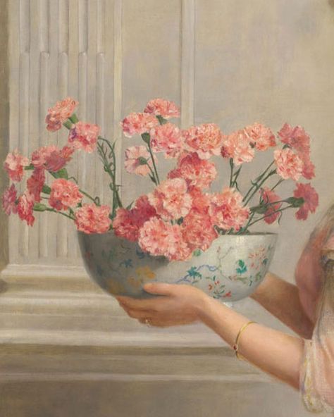 Art History - Storia dell’arte on Instagram: “🌸 Portrait of a lady in pink carrying a bowl of pink carnations - John Collier (1850-1934)🌸 #art” Pastel Victorian Aesthetic, John Collier, Lady In Pink, Pink Flower Painting, Semper Fidelis, Instagram Portrait, Rennaissance Art, Pink Painting, Victorian Flowers