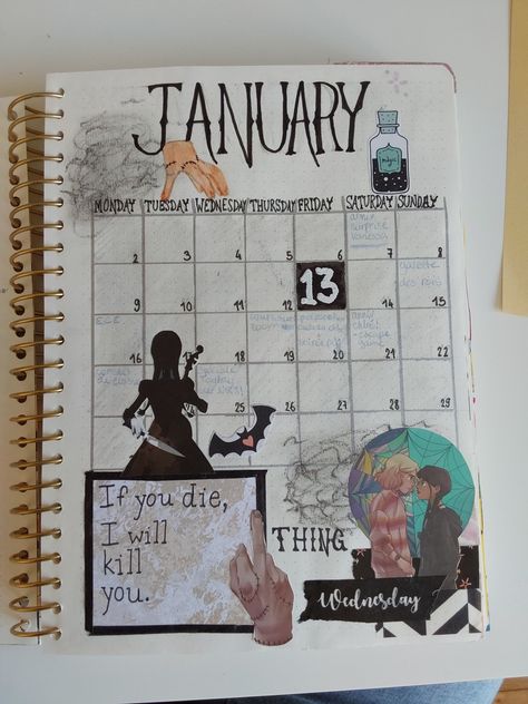 Wednesday Addams Journal, Wednesday Journal, January Bujo, Bullet Journal Page, Drawing Journal, Sunday Monday Tuesday, Monday Tuesday Wednesday, Planner Ideas, Wednesday Addams