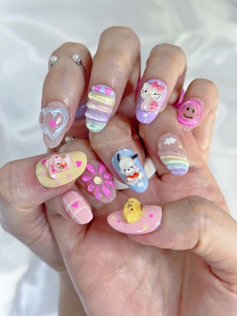 "These kawaii press on nails are perfect to complete your cute outfits! All my press on nail sets are made to order and custom tailored specifically to your size and liking. They are handmade and carefully crafted to make you a unique, personalized product. Made with high quality nail tips molded with soft gel and hand painted with salon quality products to make the nails sturdy and reusable. My press on nails last up to 4 weeks or more of continuous wear with correct nail prep and can be reused and reapplied 4-5 times more. 💅What's included in your order * Each nail set is delivered in a box perfect for storage or gifting * Your 10 nail set order custom made for you * Buffer * File * Alcohol pad * Cuticle orange wood stick * Nail glue * Application/ removal/ care instructions 💅Sizing I Short Almond Press On Nails, Cinamoroll Nail, Cute Japanese Nails, Korean Nails Jelly, Studio Ghibli Nail Art, Short Nails Almond, Nails Japanese, Nails Jelly, Nails Sets