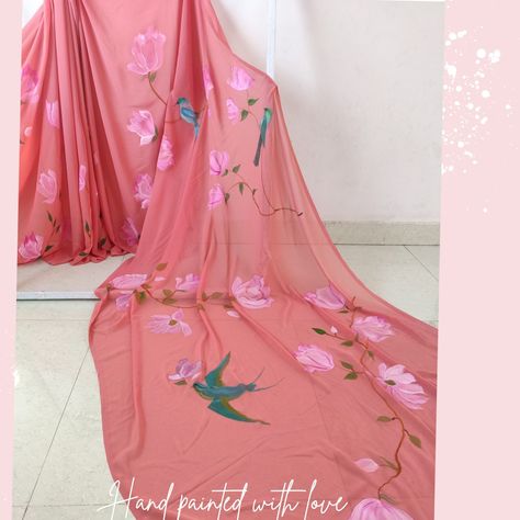 Hand painted magnolia and Bluebird on Georgette saree , custom made. Fabric Painting On Georgette Saree, Painted Magnolia, Hand Painted Saree, Painted Saree, Hand Painted Sarees, Saree Design, Georgette Saree, Hand Painting, Georgette Sarees