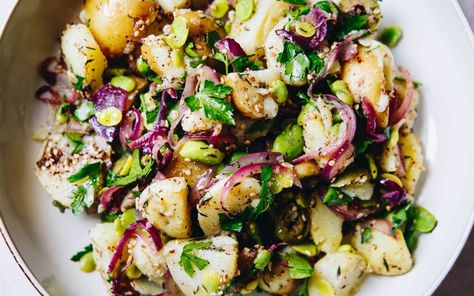 Eggless Potato Salad Recipe, Seitan Steak, Salads For Summer, Cooking Outside, Grilled Potato Salad, Potato Salad Dill, Roasted Potato Salads, Potato Salad Recipe Easy, Potato Salads