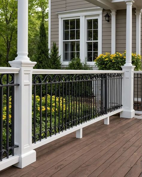 20 Awesome Deck Railing Ideas For Your Backyard Deck – ToolzView Hampton Exterior, Black Railing, Deck Railing Ideas, Curved Railing, Modern Railing, Vinyl Railing, Modern Deck, Railing Ideas, Wood Railing