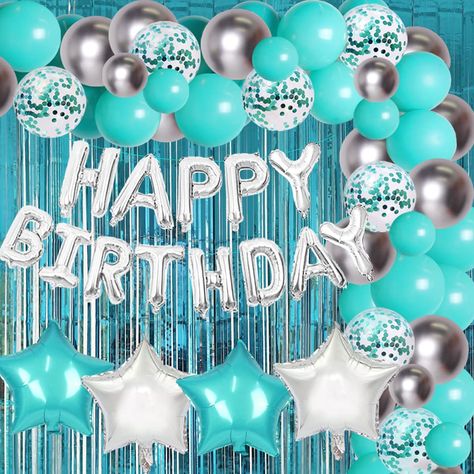 Amazon.com: Teal Blue Silver Birthday Party Decorations Balloons Garland Kit Teal Mint Green Star Balloons Turquoise Blue Happy Birthday Banners Curtain for Her Women Girls : Toys & Games Green Aesthetic Birthday, Silver Birthday Party Decorations, Blue Silver Birthday, Mint Green Birthday, Birthday Party Decorations Balloons, Silver Birthday Party, Birthday Celebration Decorations, Blue Happy Birthday, Ballon Banner