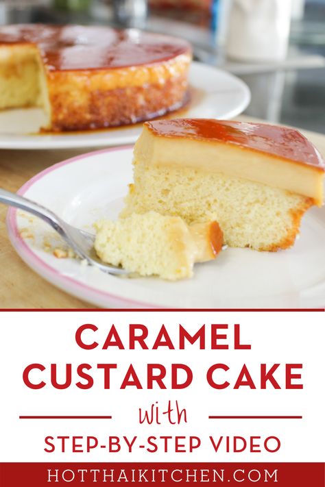 This creamy caramel custard cake recipe is a delicious dessert that your family will love. This cake tastes as magical as it looks. A layer of creamy caramel custard (flan) tops a fluffy chiffon cake, and it's all baked together in one go! how to make this tasty dessert at home.| how to make caramel custard cake | How to cook custard cake | Holiday dinner dessert ideas. Custard Flan, Asian Baking, Hot Thai Kitchen, Homestead Food, Custard Cake Recipes, Caramel Custard, Asian Dessert, Custard Recipe, Thai Kitchen