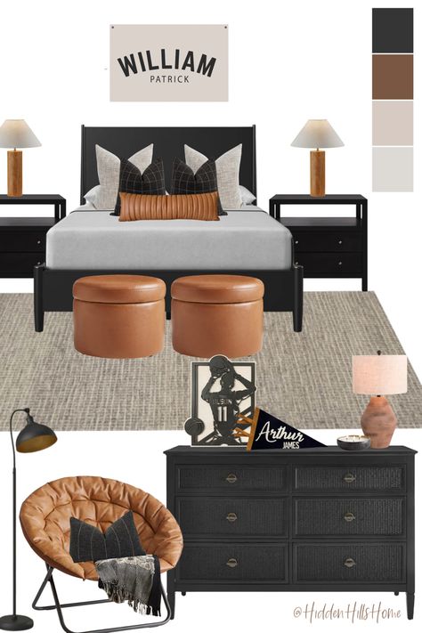 Teen boys sports themed bedroom decor! Masculine boys room decor mood board Bedroom With Black Furniture Aesthetic, Boys Room Black Bed, Bedroom Inspirations Master Mid Century Modern, Black Bed Inspiration, Industrial Bedroom Decor Ideas, Boys Bedding Ideas, Teen Boy Bed, Plaid Boys Room, Boys Room Mood Board