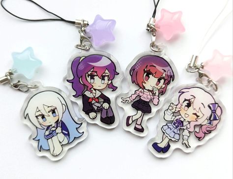 Mini acrylic charms of the Nightcord at 25:00 members from Project Sekai! Come with a star gummy charm for extra cuteness:) ⭐1.75 inches  ⭐single sided epoxy ⭐phone strap cord Project Sekai Keychain, Chibi Acrylic Charms, Project Sekai Merch, Project Sekai Mizuki, Chibi Keychain, Mini Chibi, Nightcord At 25, Kanade Yoisaki, Acrylic Phone